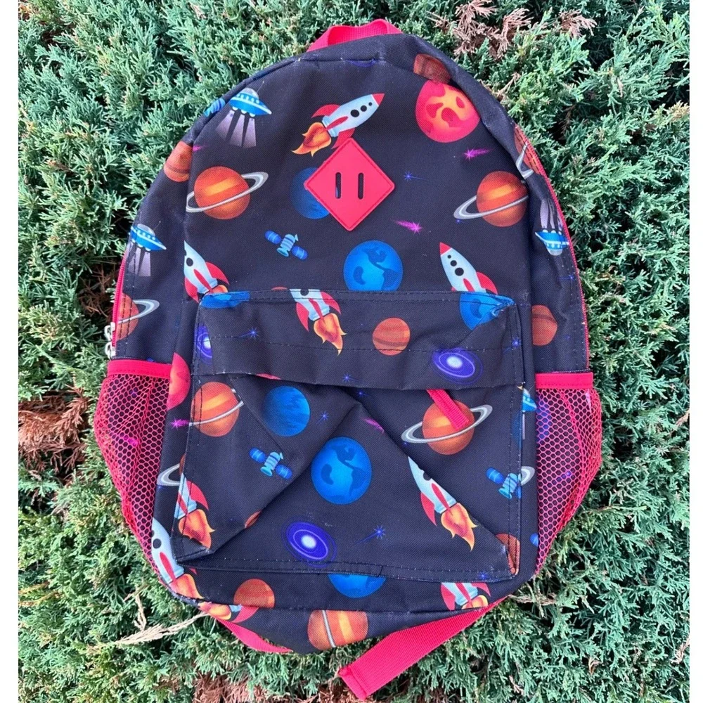 Solar System Space Rockets Planets Little Kids School Bag Backpack Black Red